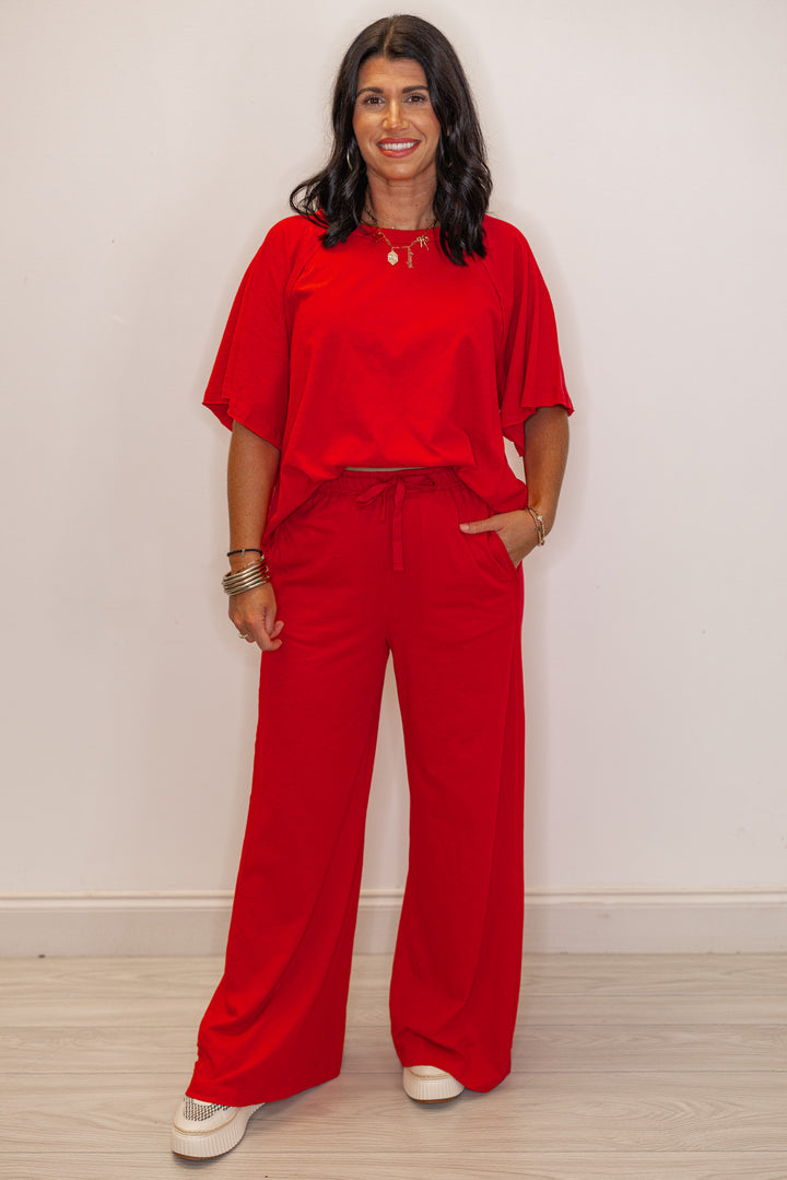 red cotton slub knit wide leg lounge pants
