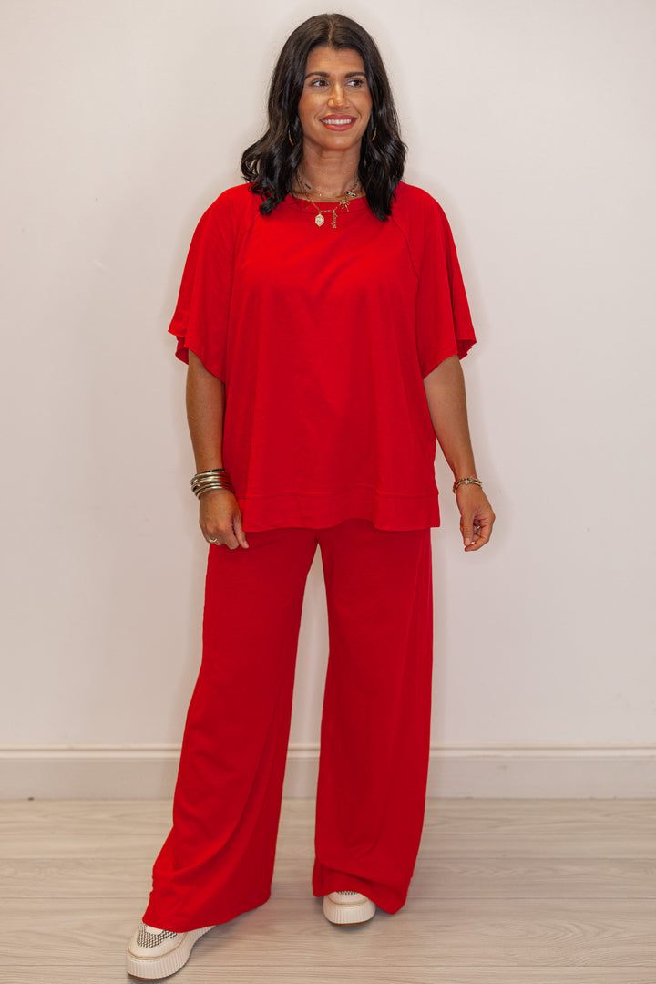 red cotton knit wide leg lounge pants