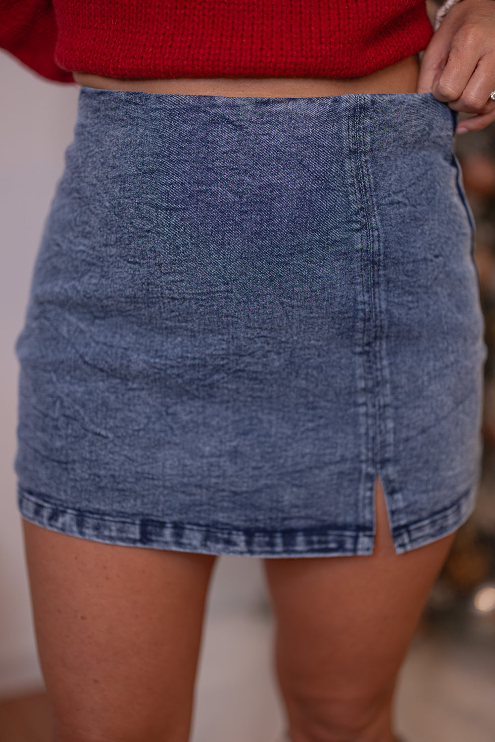 Kelley Washed Denim Skort by Anniewear showing up close front view