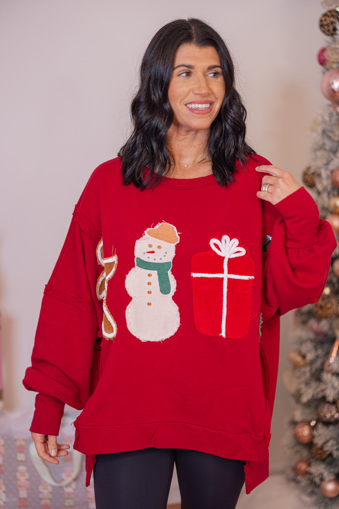 Women's crimson red sweatshirt with corduroy Christmas theme patches by Fantastic Fawn showing up close front view