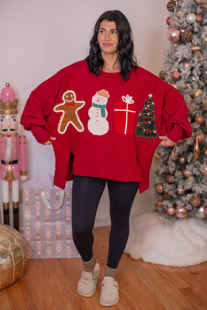 Women's crimson red sweatshirt with corduroy Christmas theme patches by Fantastic Fawn showing oversized fit