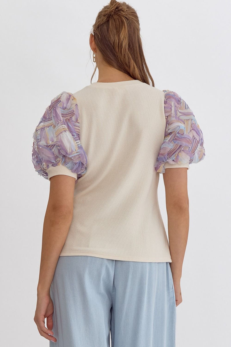Entro Textured cream blouse with abstract 3d design puff sleeves