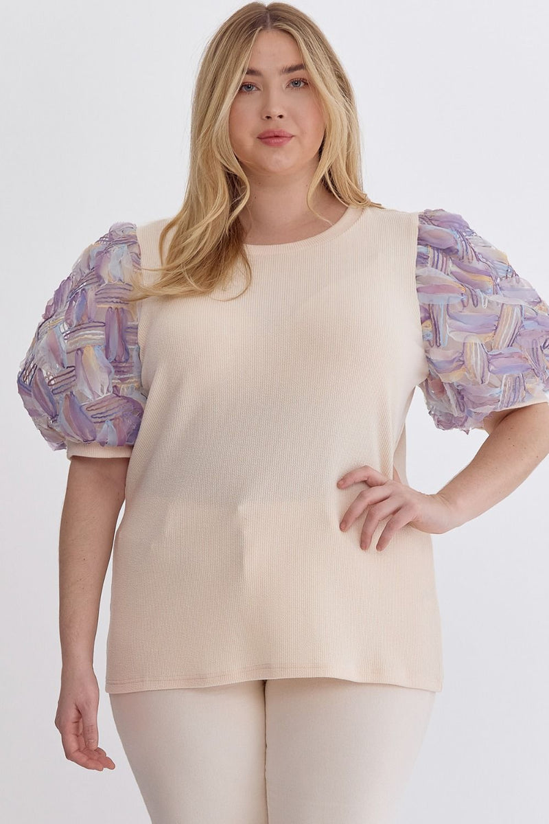 Entro Plus Textured cream blouse with abstract 3d design puff sleeves