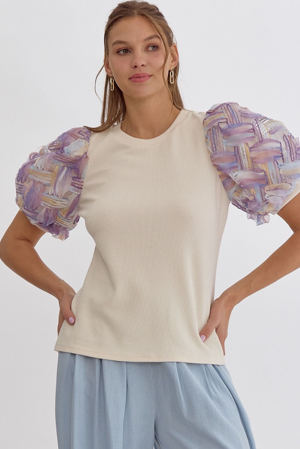 Entro Textured cream blouse with abstract 3d design puff sleeves