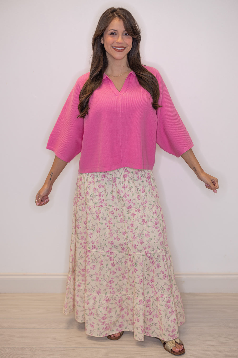 Women's cream tiered maxi skirt with pink floral print and a smocked waist by Wishlist showing full length