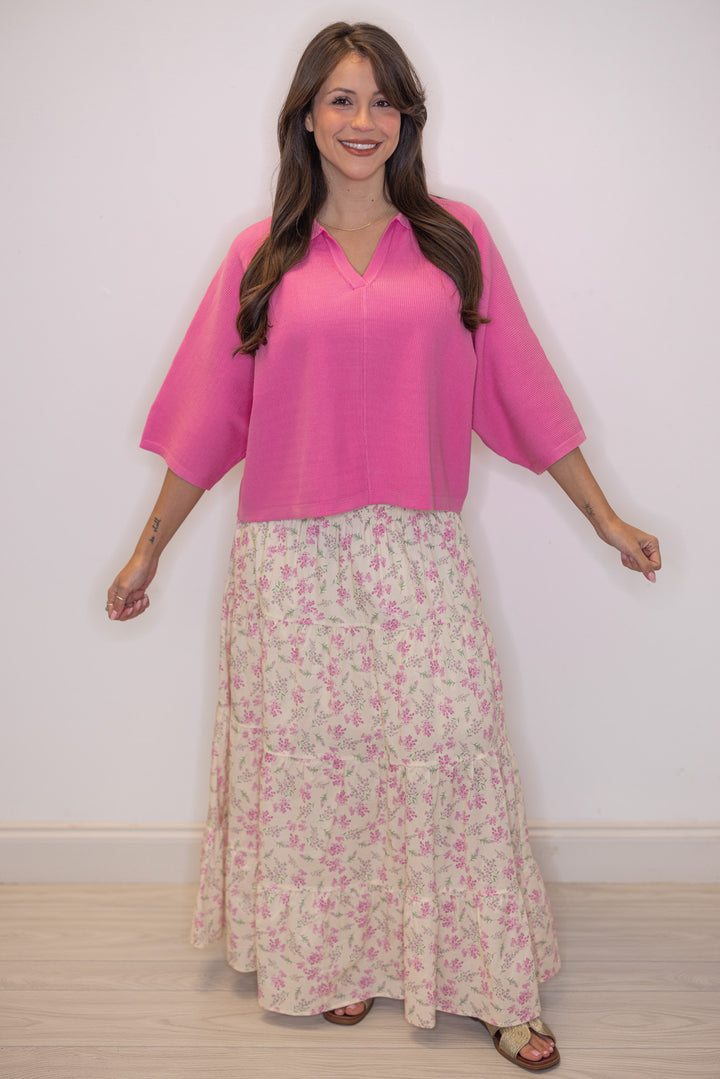 Women's cream tiered maxi skirt with pink floral print and a smocked waist by Wishlist showing full length