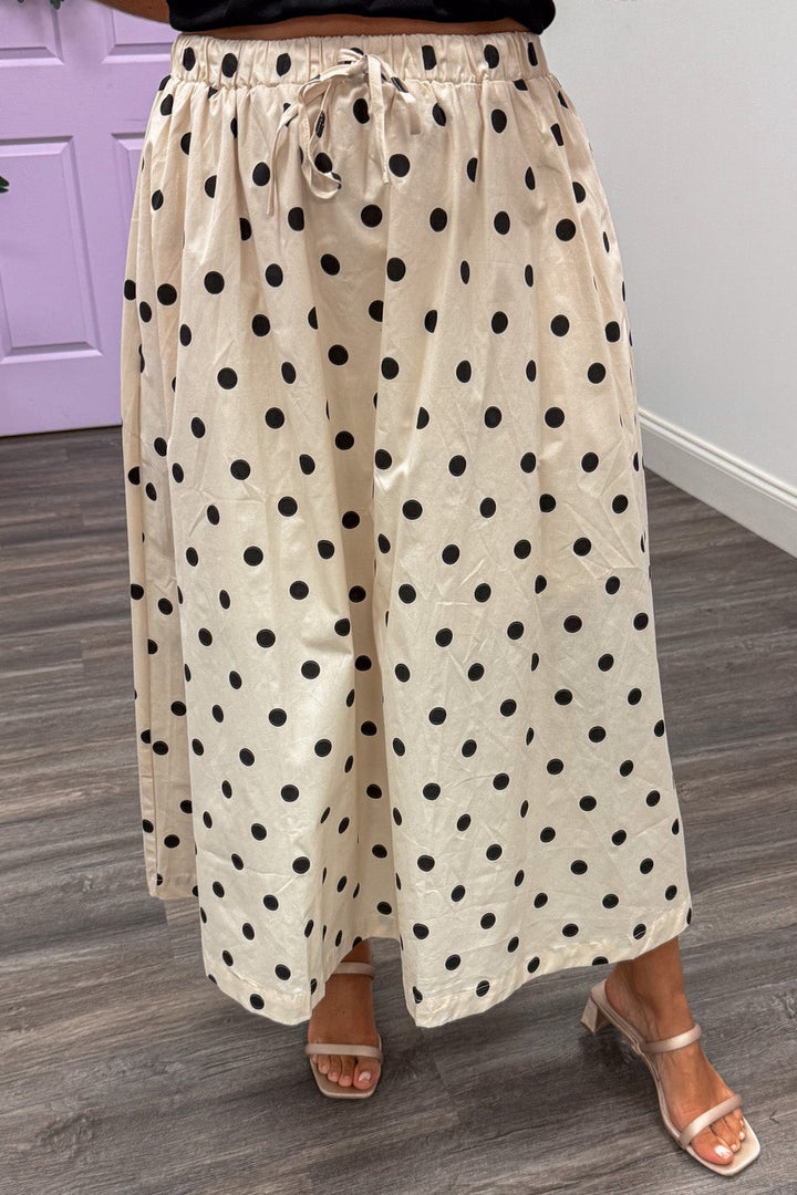 cream with black polka dot print drawstring elastic waist cotton poplin midi skirt