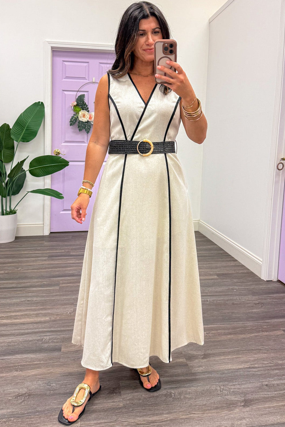 natural linen with black trim belted waist v neckline sleeveless midi dress
