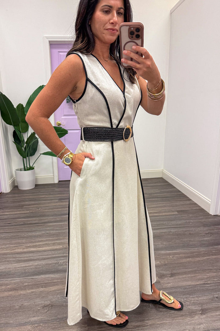 natural linen with black trim belted waist midi dress with side pockets