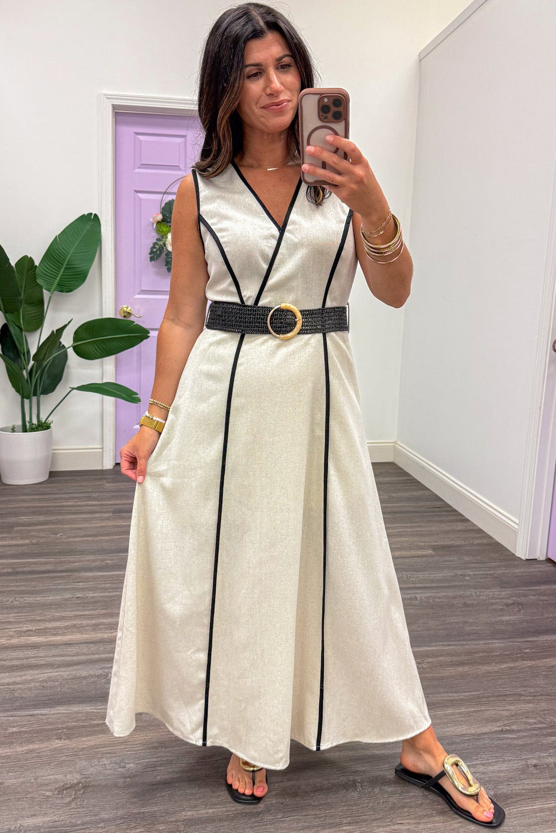 natural linen with black trim belted waist sleeveless midi dress