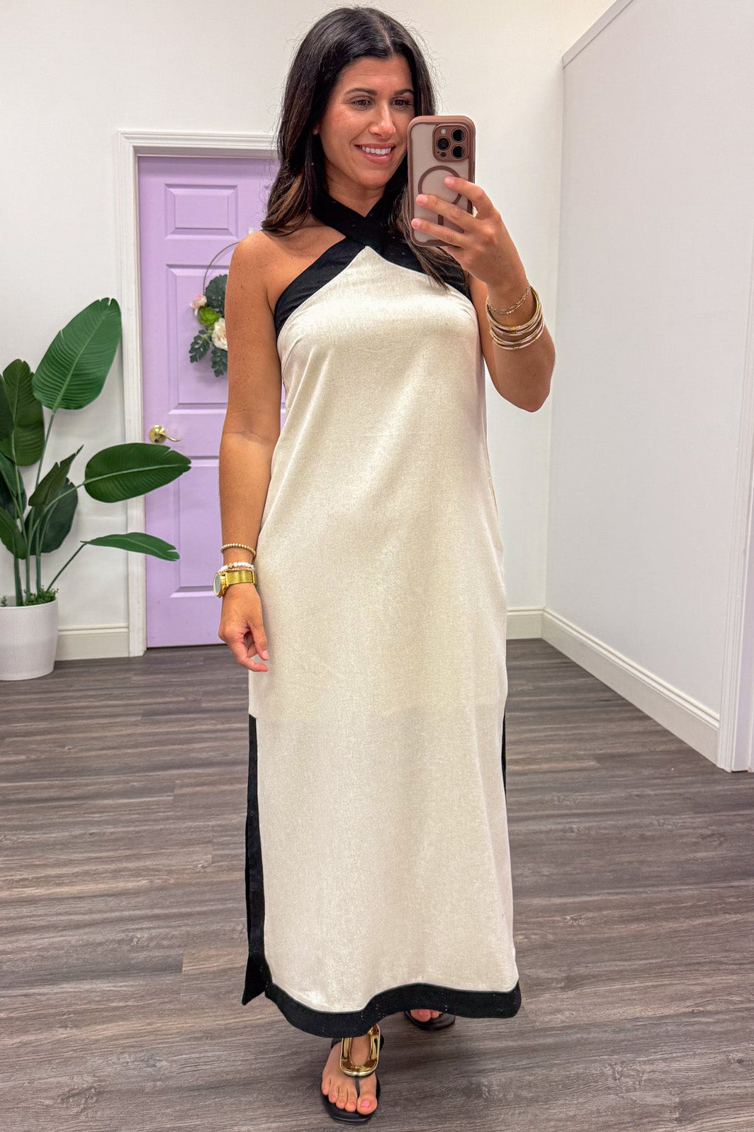 cream with black trim sleeveless halter midi dress