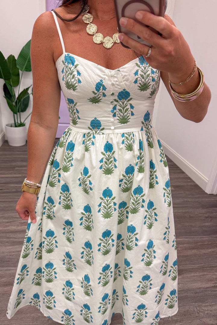 cream blue and olive floral sweetheart neckline sleeveless midi dress