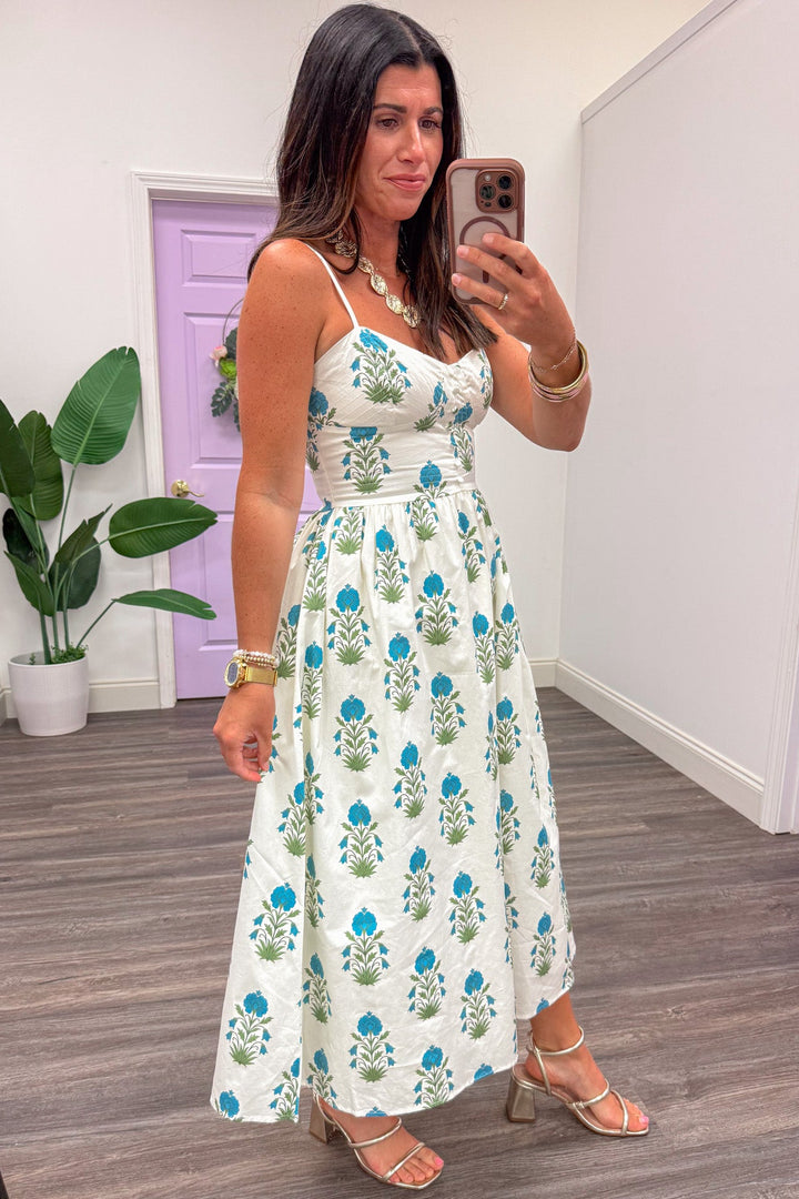 cream blue and olive floral sleeveless spaghetti strap midi dress