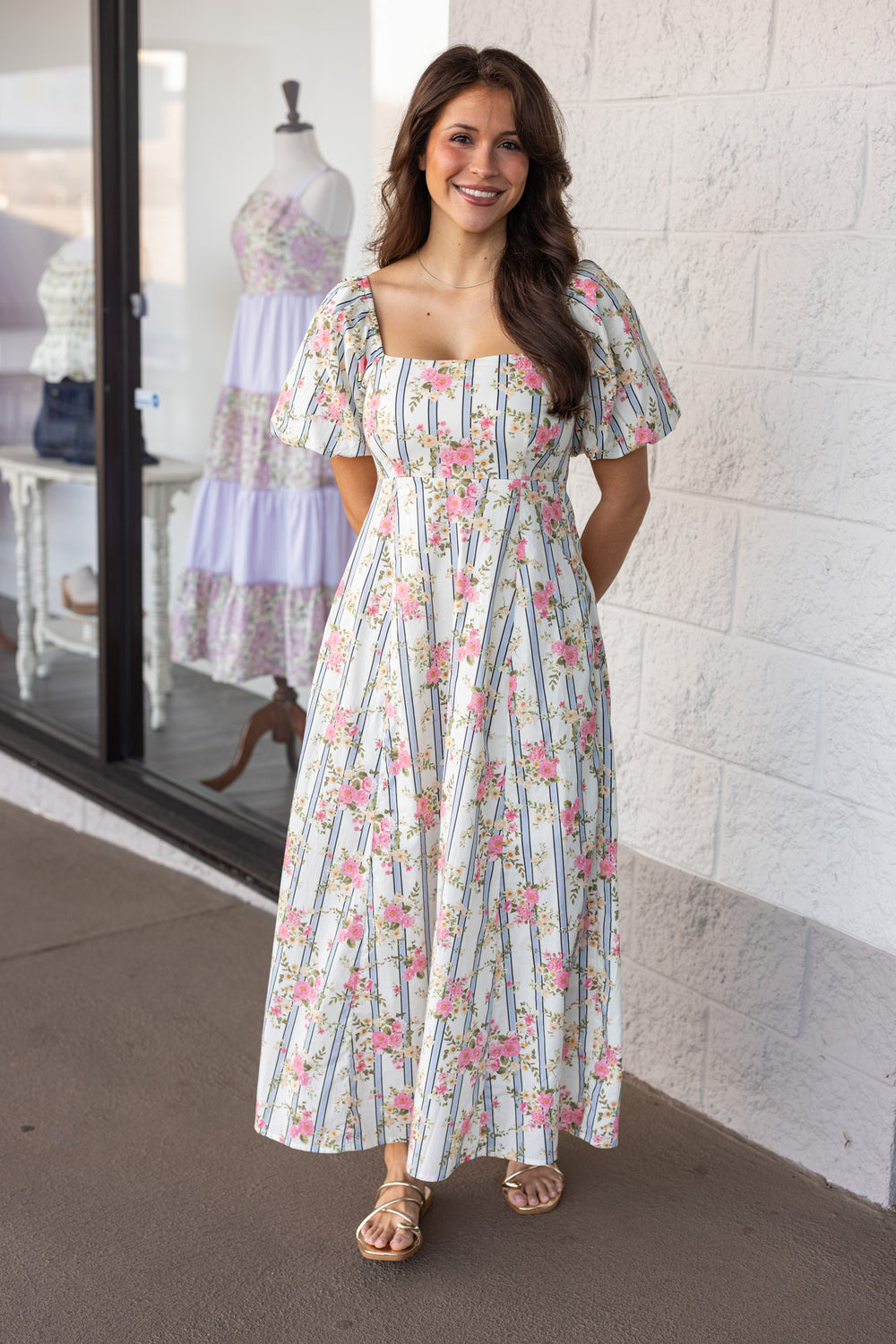 cream puff sleeve poplin midi dress with pink and yellow floral print