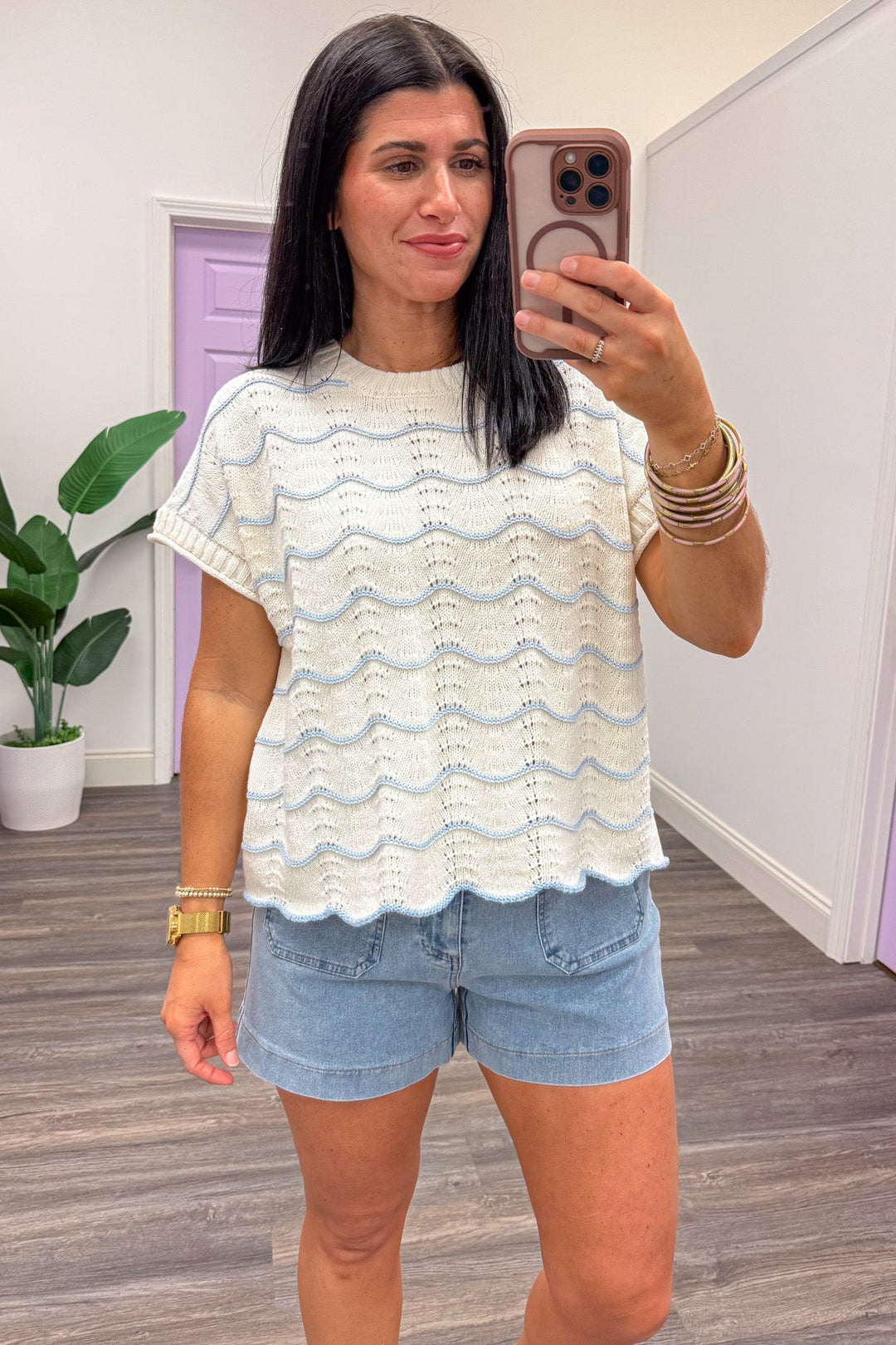 light blue wave striped scallop hem cream knit top