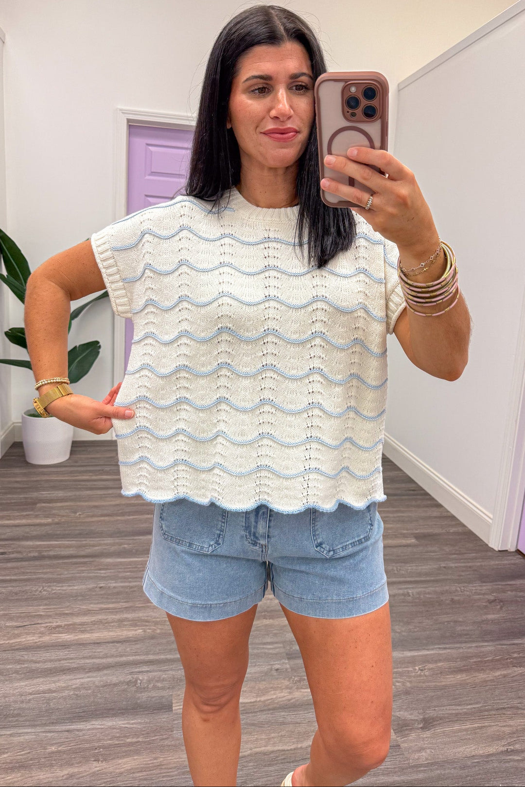 light blue wave striped scallop hem cream knit top relaxed silhouette