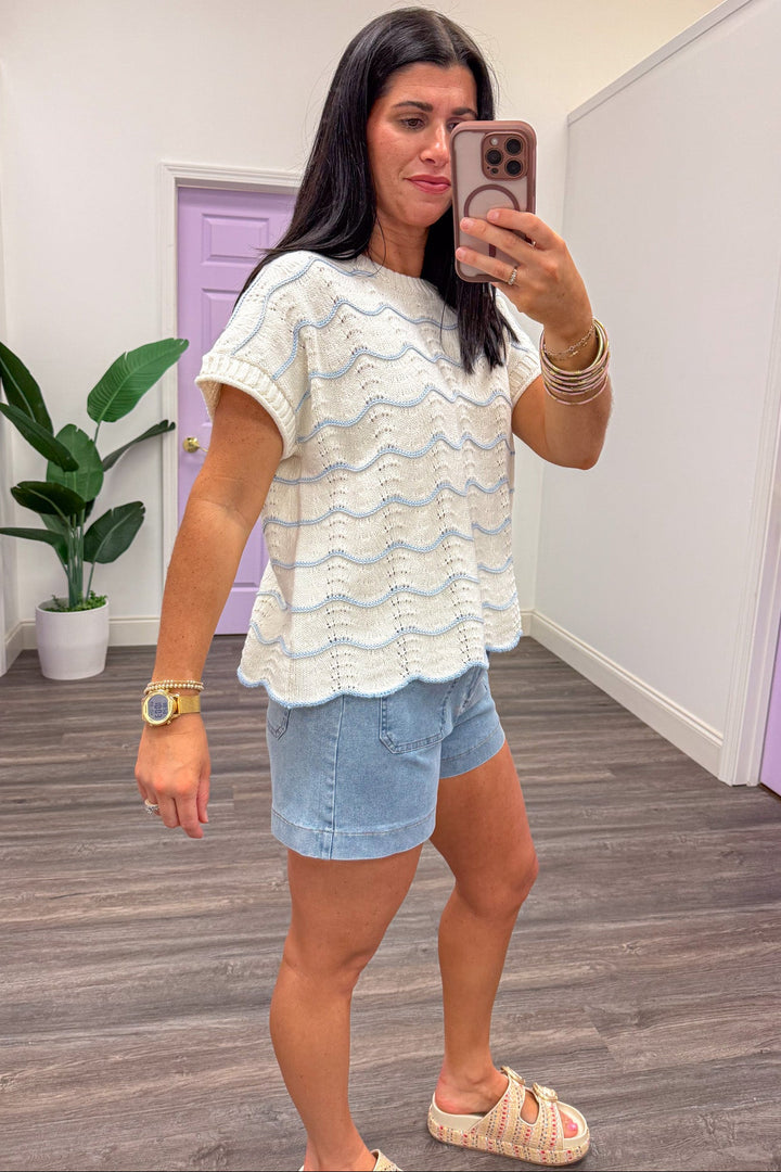 light blue wave striped ribbed trim short sleeve cream knit top