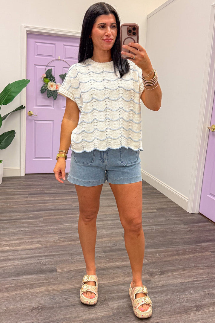 light blue wave striped scallop hem cream lightweight knit top