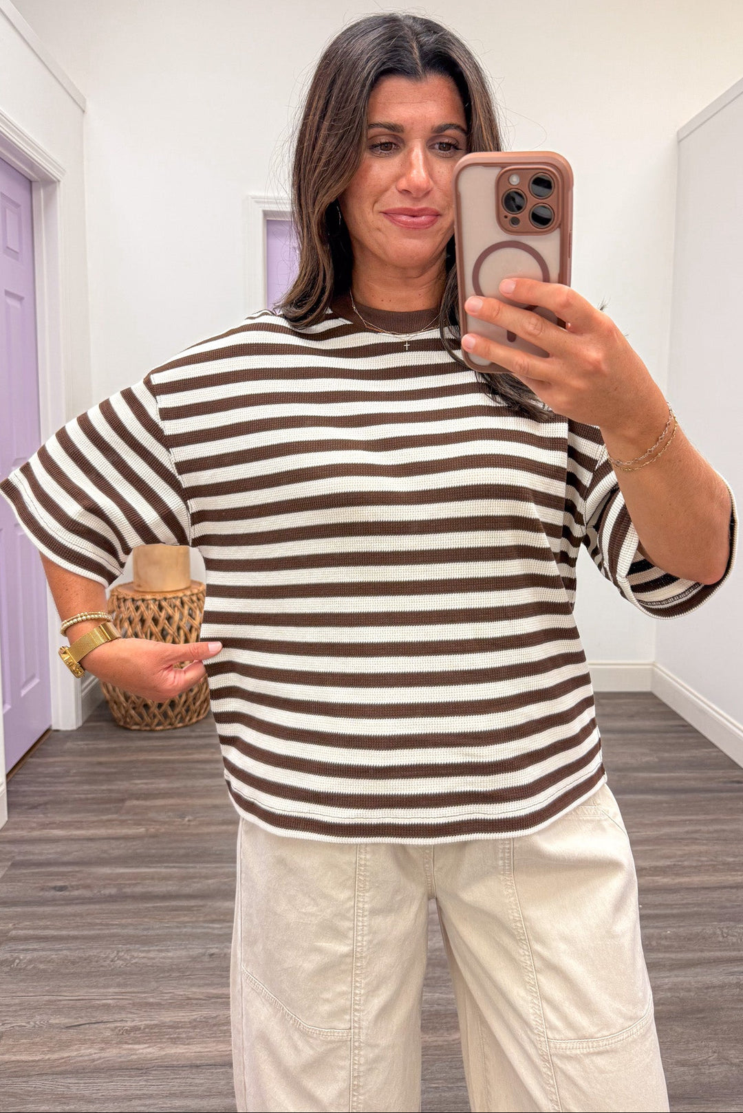 brown and cream horizontal striped half sleeve crew neckline relaxed silhouette knit top