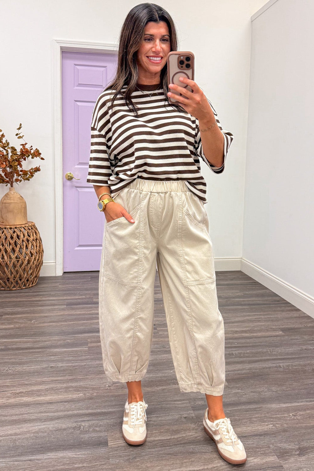 brown and cream horizontal striped half sleeve crew neckline textured knit top
