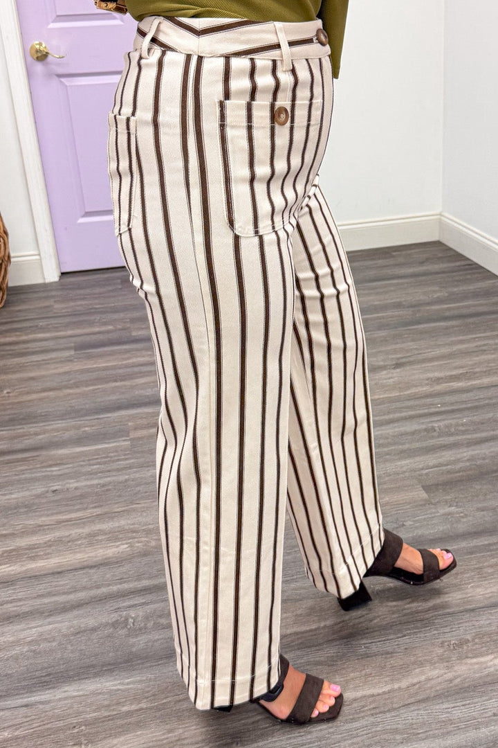 cream and brown striped wide leg cropped denim pants with pintuck details and front patch pockets