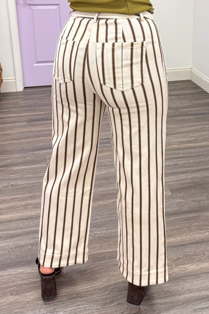 cream and brown striped wide leg cropped denim pants with pintuck details and back pockets