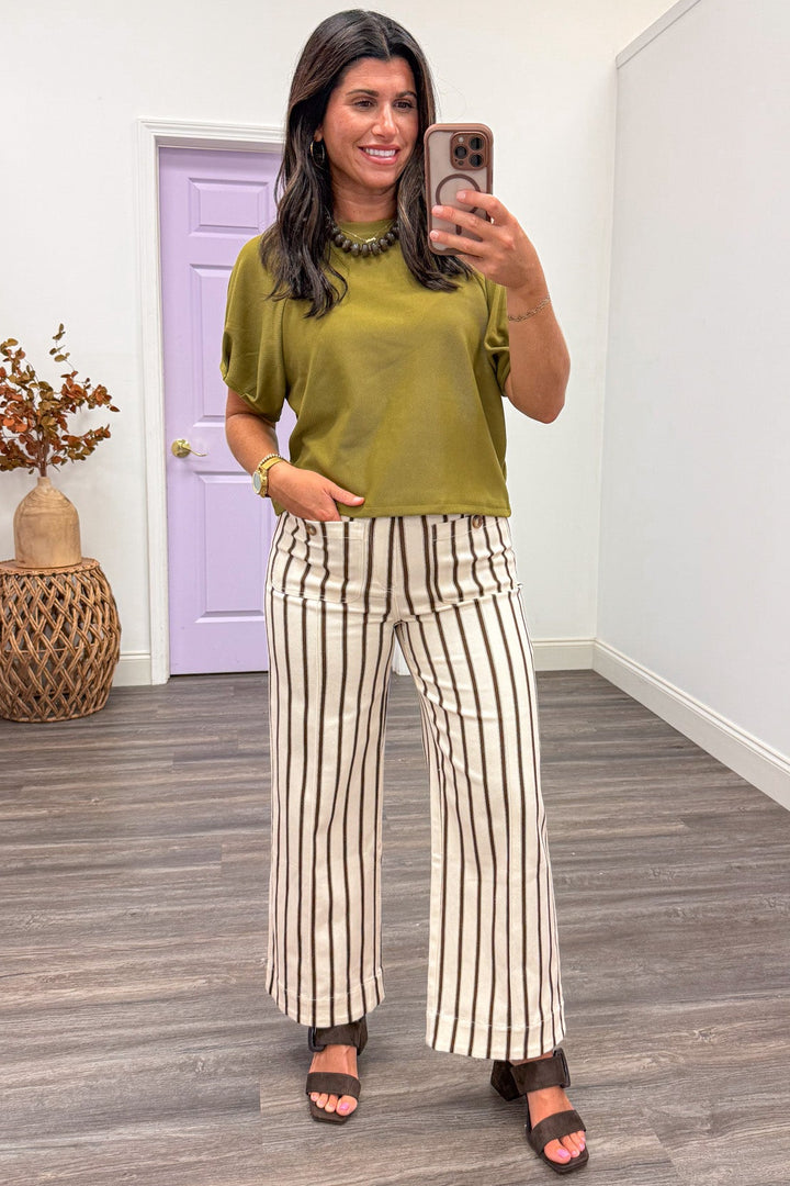 cream and brown striped wide leg cropped denim pants with pintuck details
