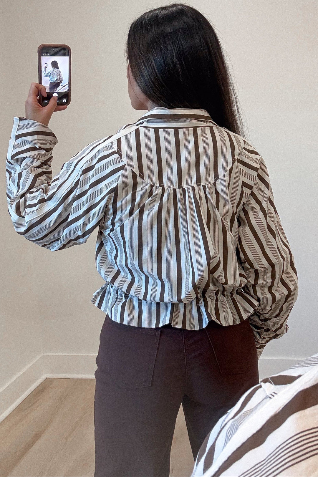 cream and brown striped long sleeve zipper front semi-cropped jacket top with back gathered detail