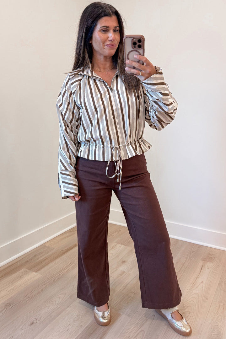 cream and brown striped long sleeve zipper front semi-cropped jacket top with adjustable self-tie waist