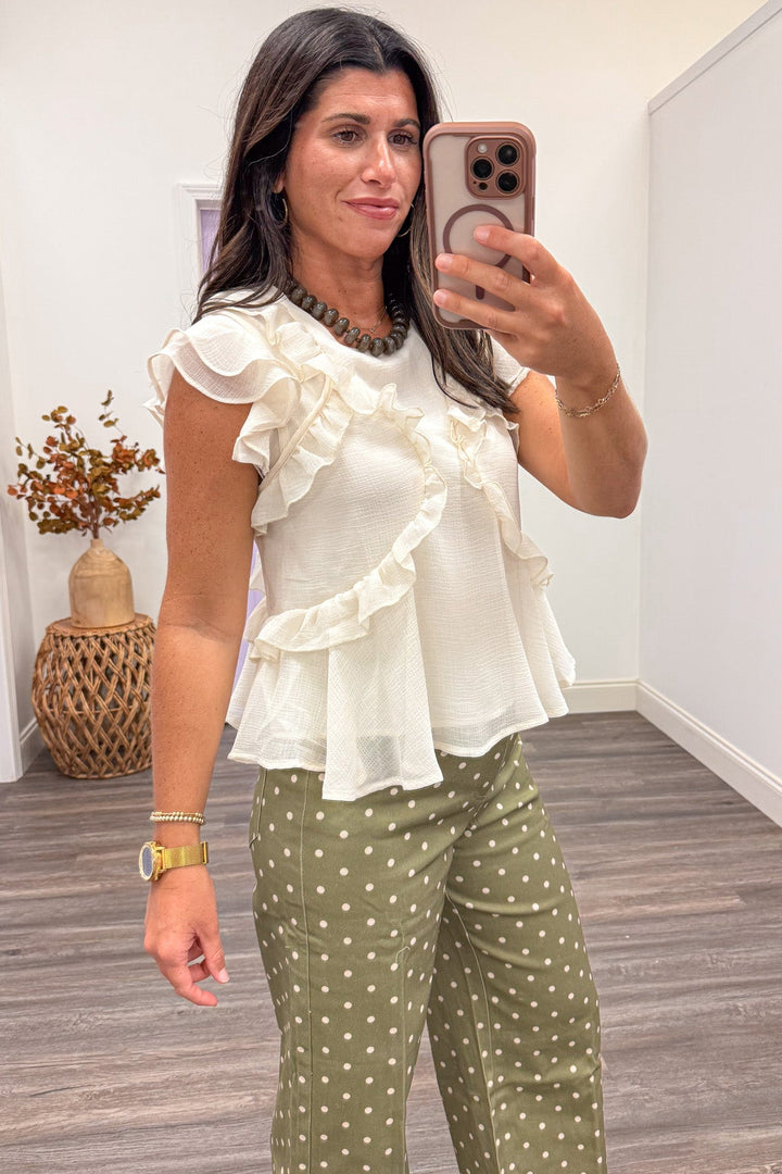 solid cream capped sleeve semi-cropped relaxed silhouette chiffon top