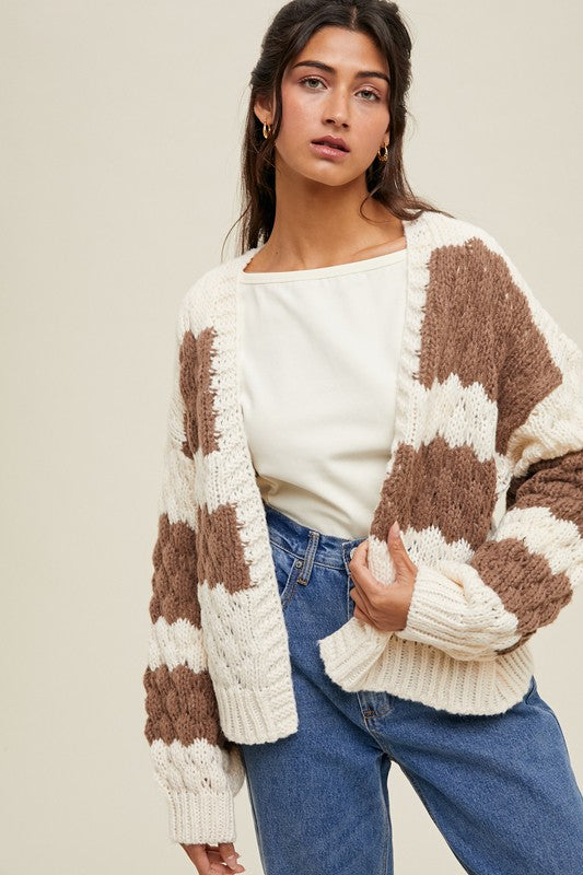 Women's cream and chocolate brown wide striped knit sweater cardigan by Entro