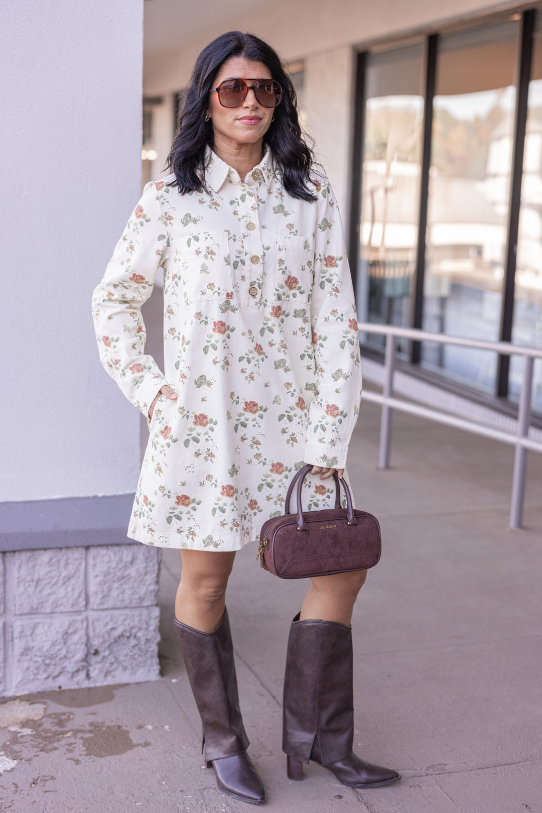 Women's trendy cream denim floral print dress with button front bodice by In February