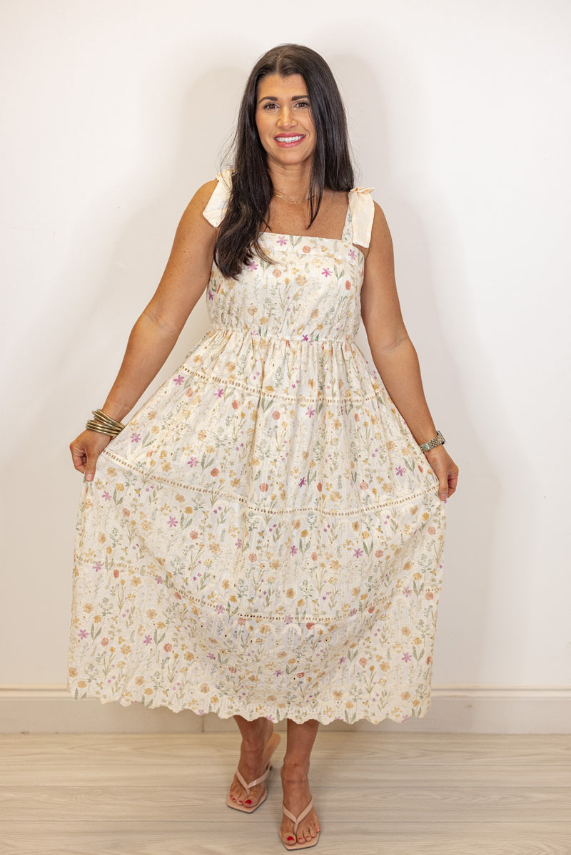 umgee cream floral embroidered midi dress