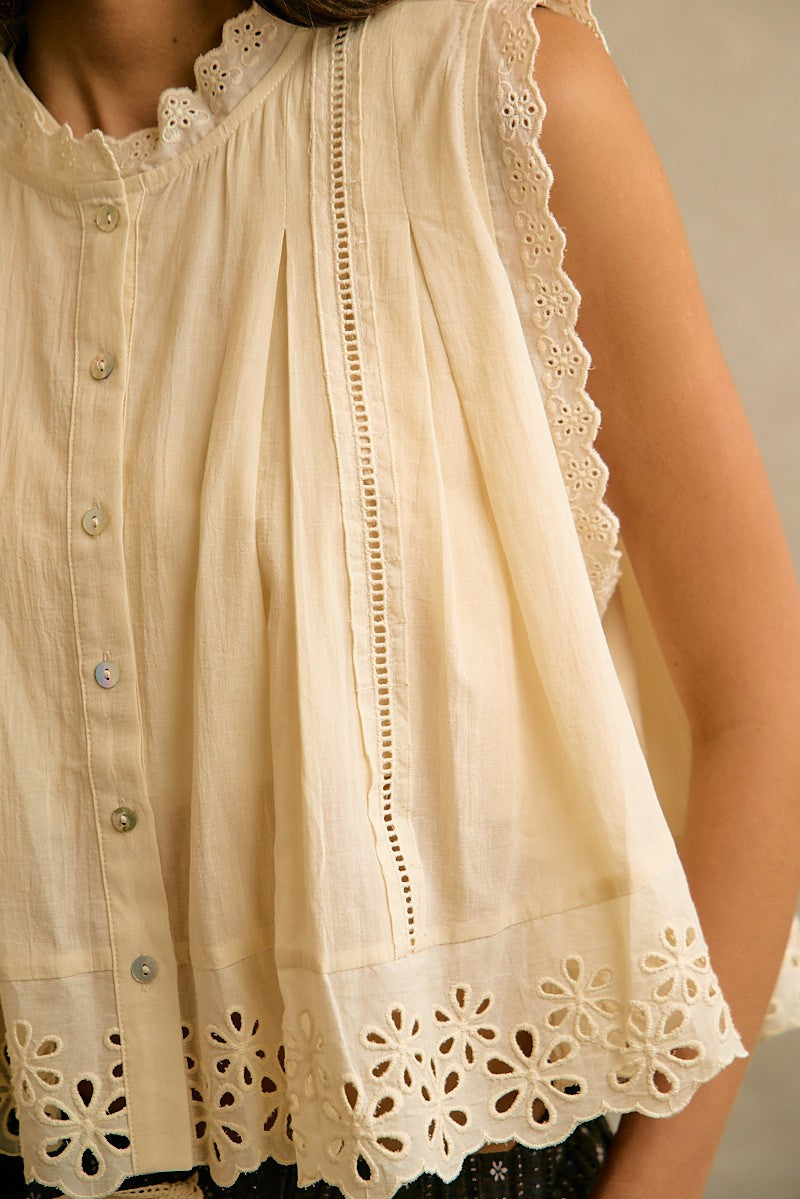 Cream button front top with embroidery floral lace trim details