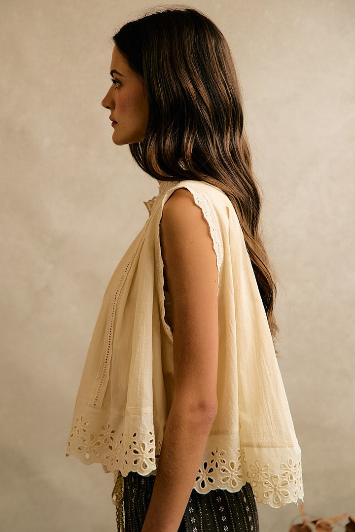 Cream button front top with embroidery floral lace details by glam