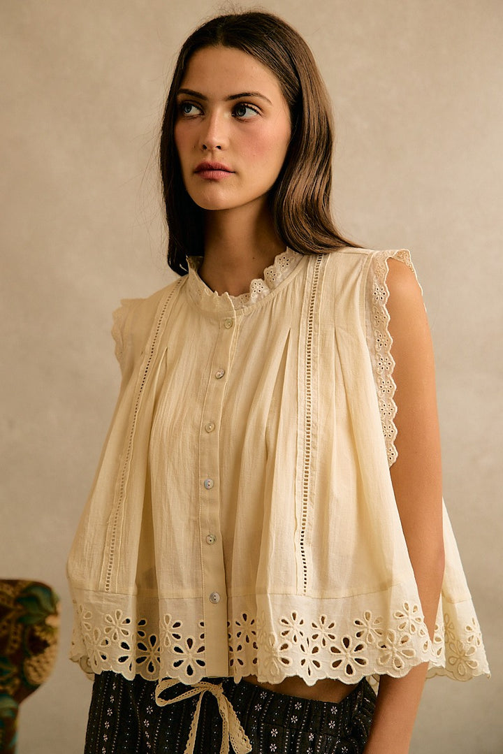 Cream button front pleated top with embroidery floral lace details