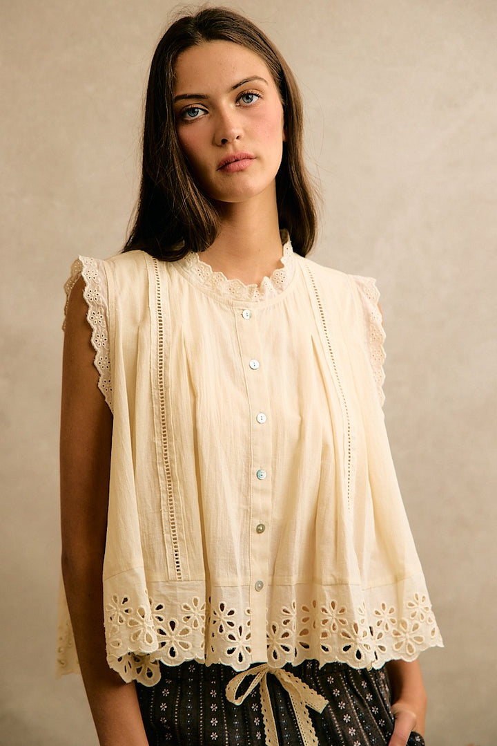 Cream button front top with embroidery floral lace details