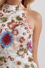 Entro Cream halter style dress with multicolor embroidered floral print and 3D details