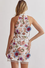 Entro Cream halter style dress with multicolor embroidered floral print and 3D details