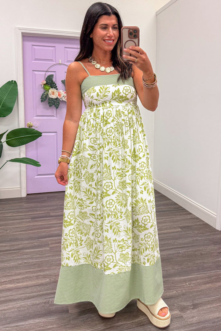Cream And Light Green Floral Print Sleeveless Midi Dress – Purple Door Boutique
