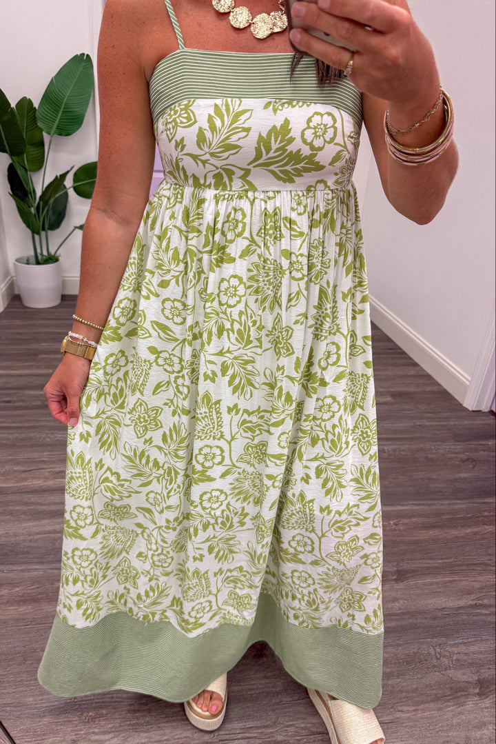 cream and light green floral striped sleeveless square neckline maxi dress