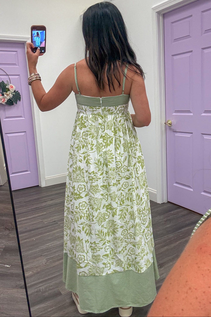 cream and light green floral striped back zipper closure maxi dress