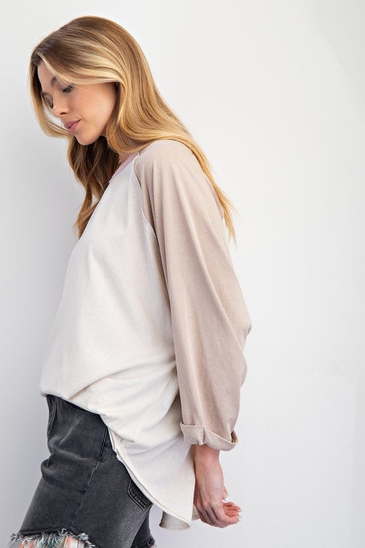 Women's cream and khaki colorblock knit pullover by Easel showing side view