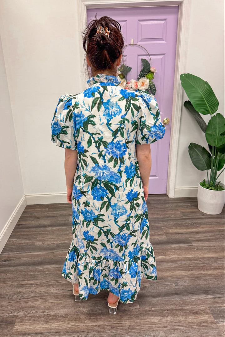 Women's blue green floral midi dress by Entro, perfect for Spring