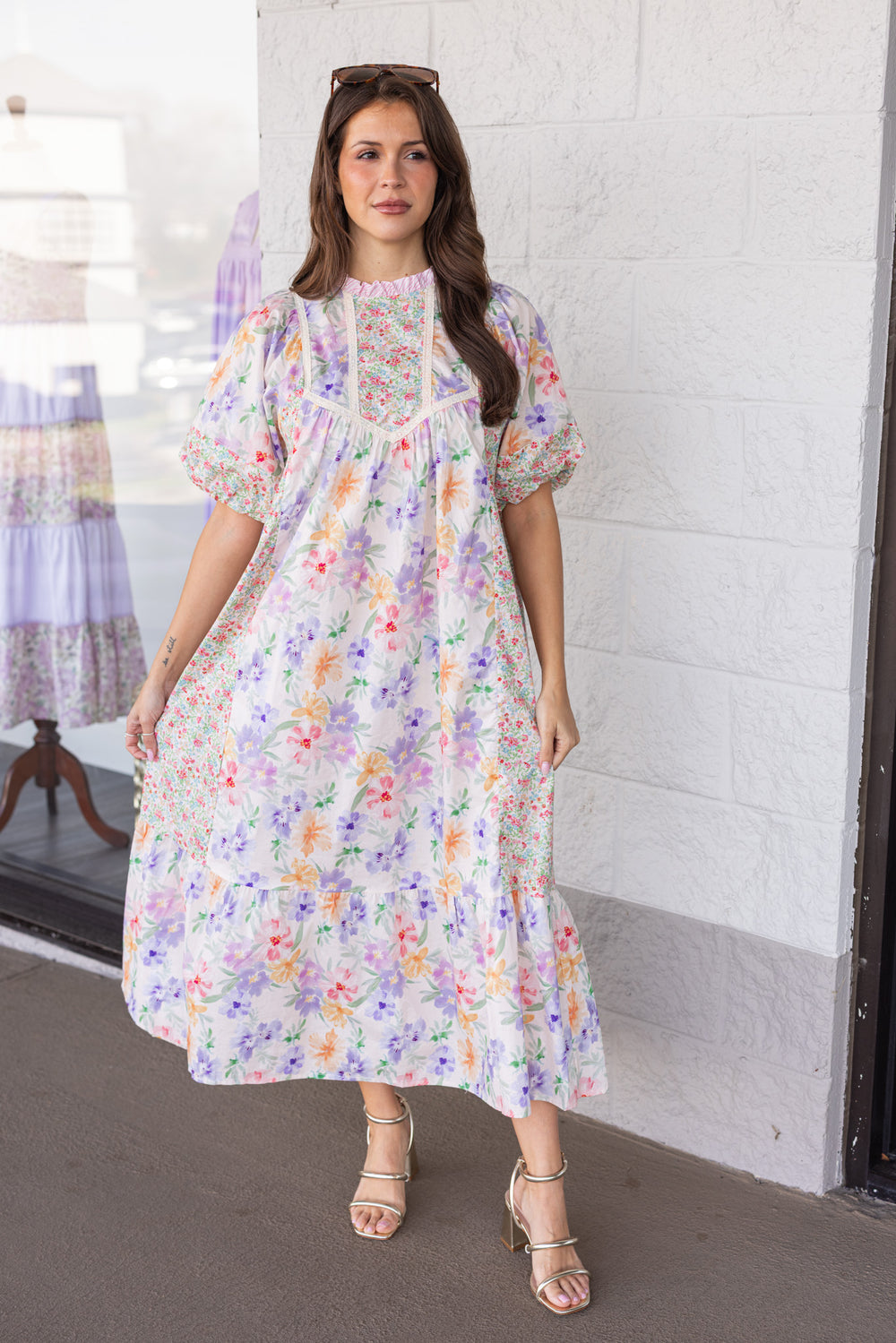 cream pink and lavender mixed floral print midi dress relaxed silhouette