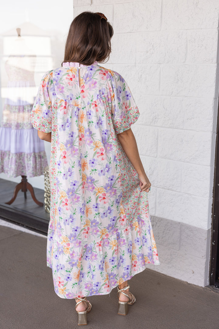 pink lavender orange and green mixed florals print midi dress