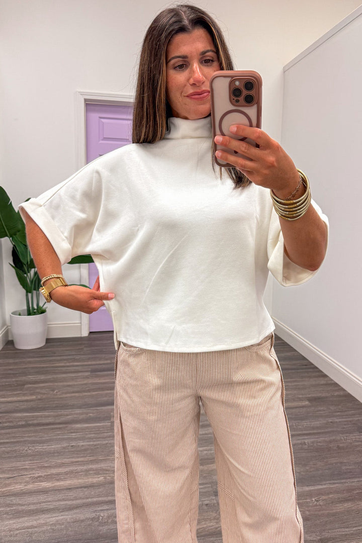 solid cream mock neckline short dolman sleeve relaxed silhouette soft luxe knit top