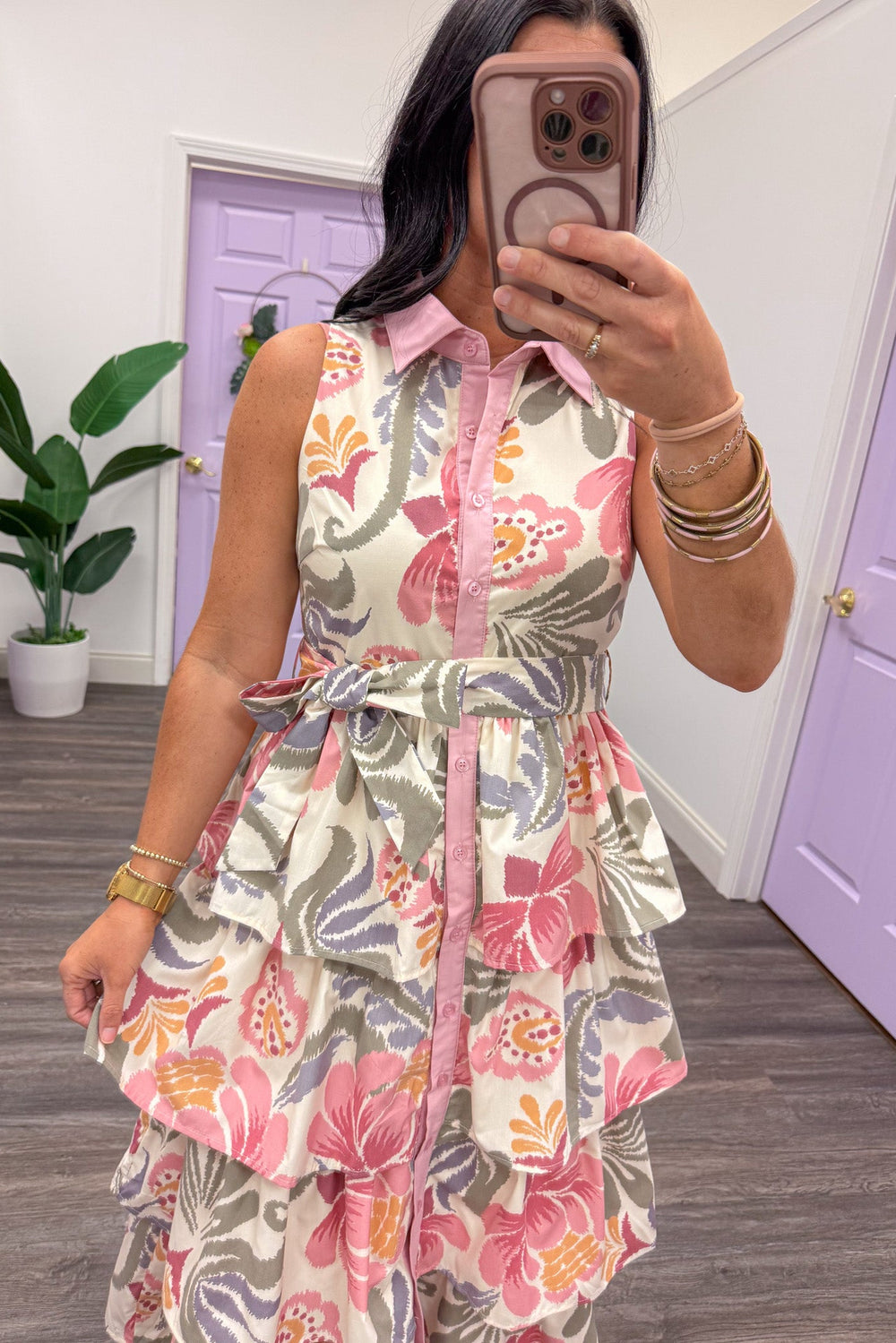 cream with multicolor floral print button down sleeveless collared midi dress