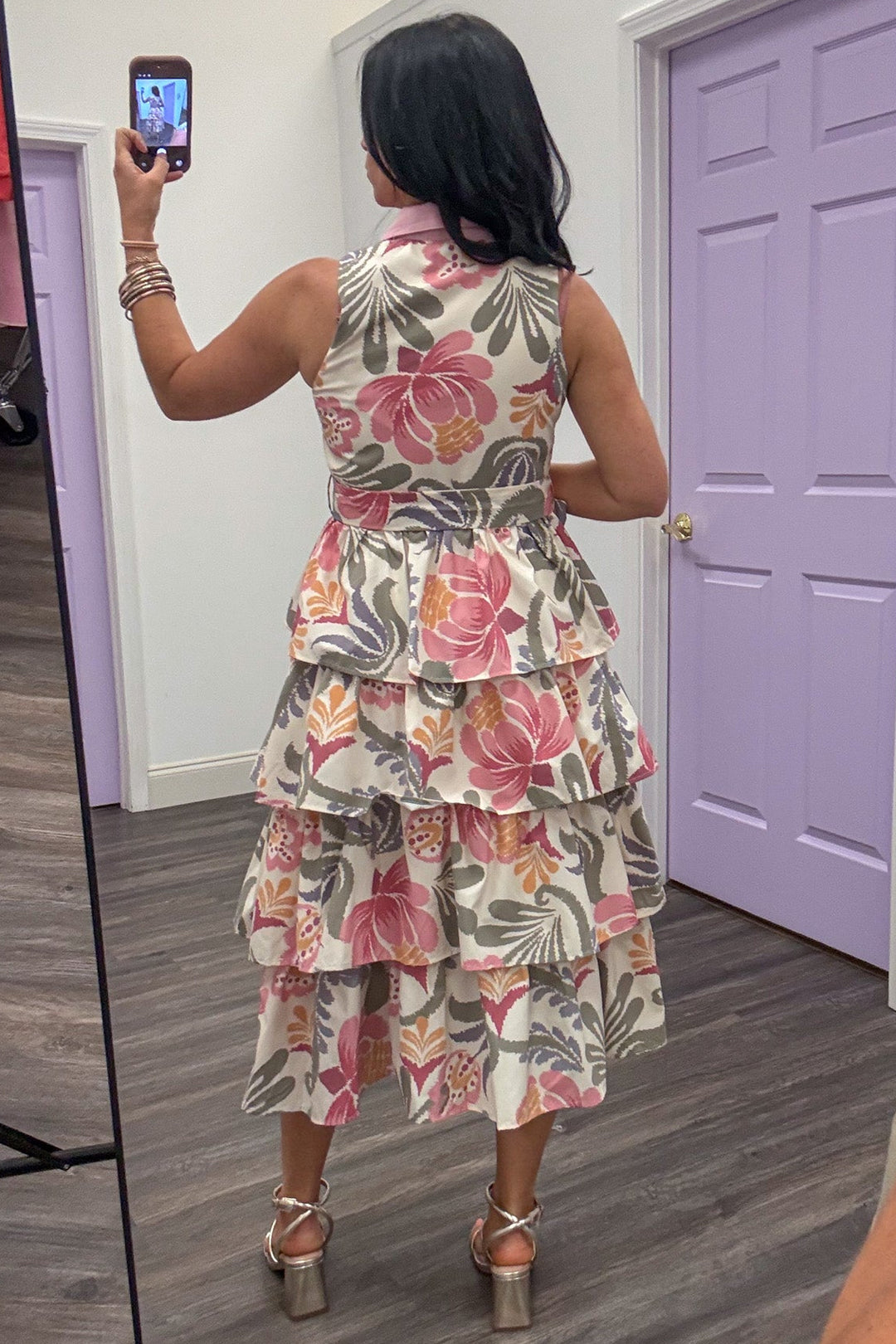 cream with multicolor floral print ruffle tiered flowy skirt midi dress