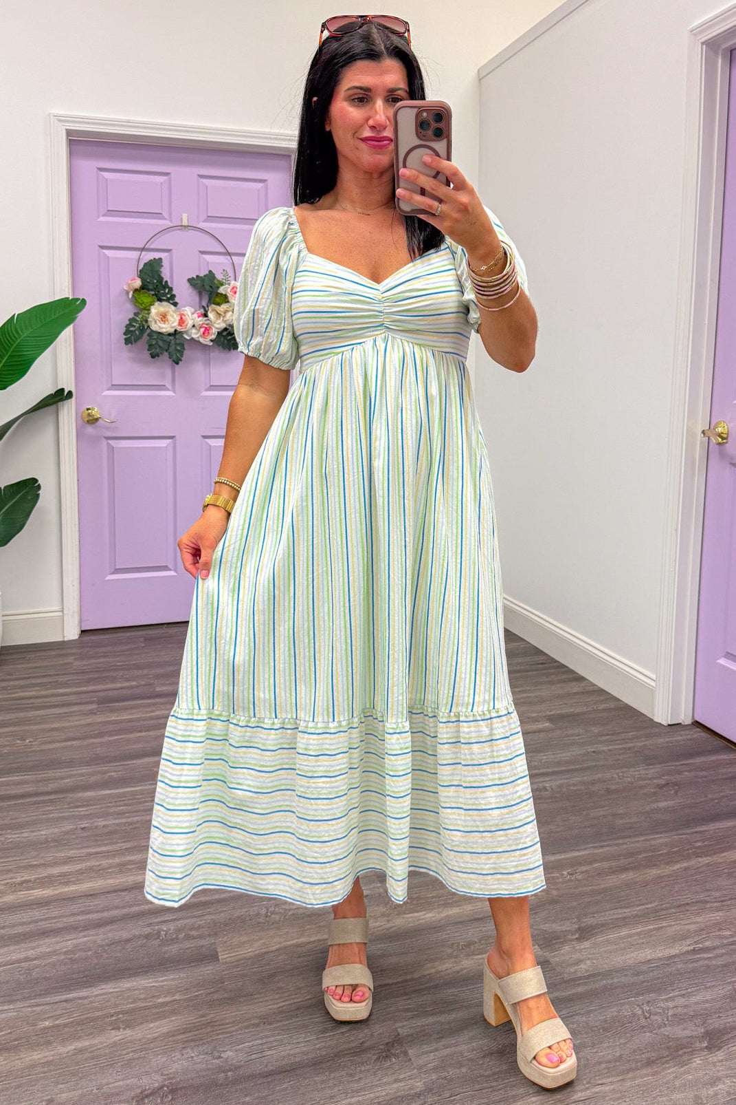 pastel multicolor striped puff sleeve cream midi dress